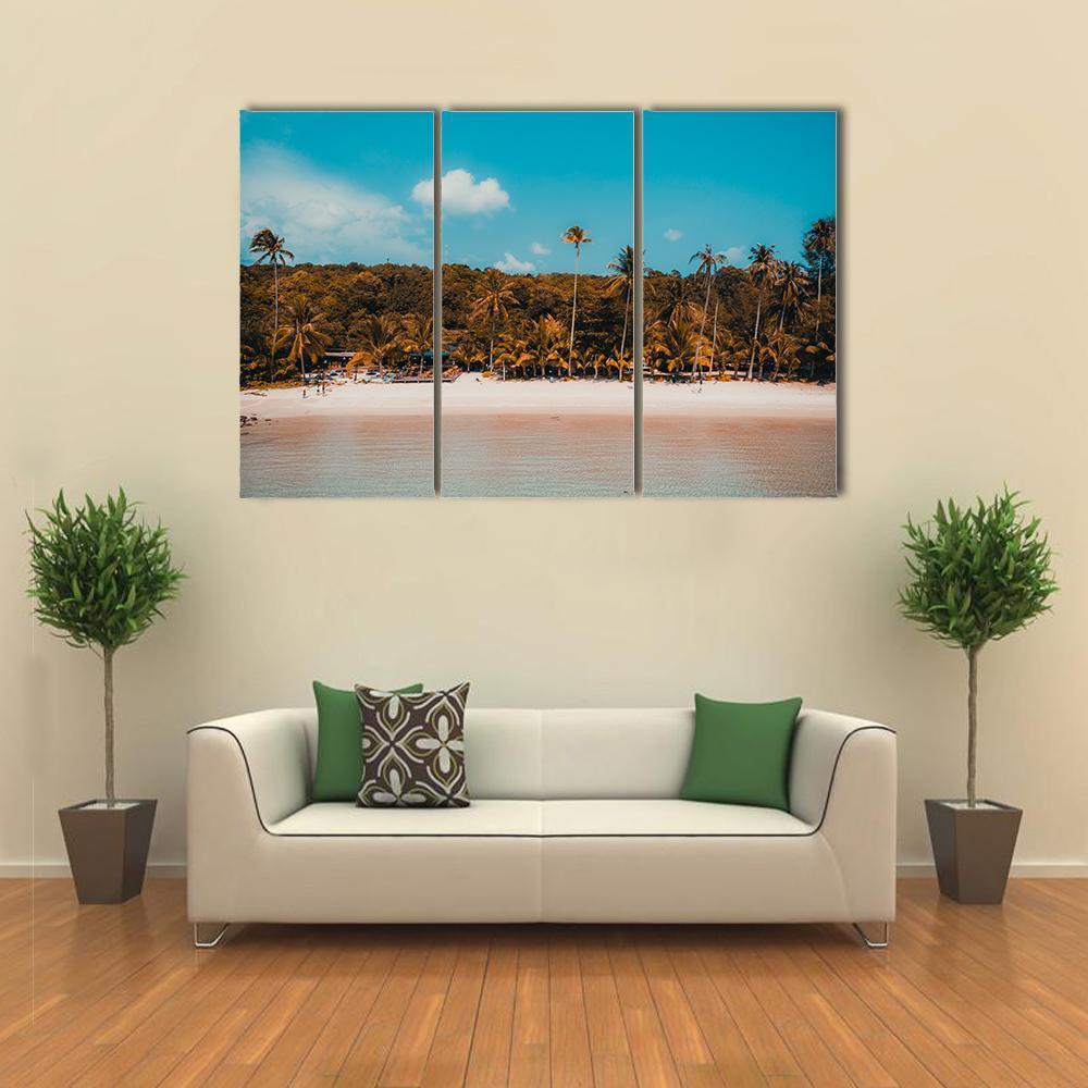 Tropical Beach And Sea With Palm Tree Canvas Wall Art-3 Horizontal-Gallery Wrap-37" x 24"-Tiaracle