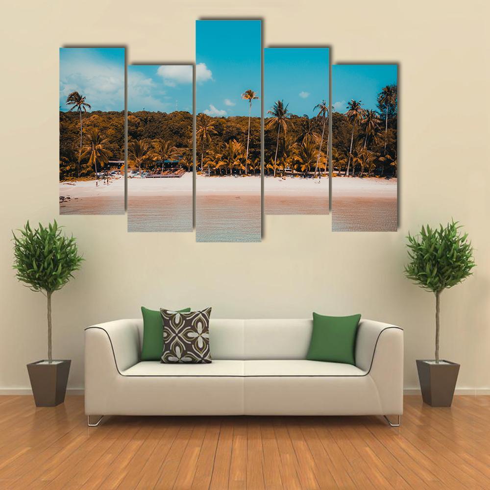 Tropical Beach And Sea With Palm Tree Canvas Wall Art-5 Pop-Gallery Wrap-47" x 32"-Tiaracle