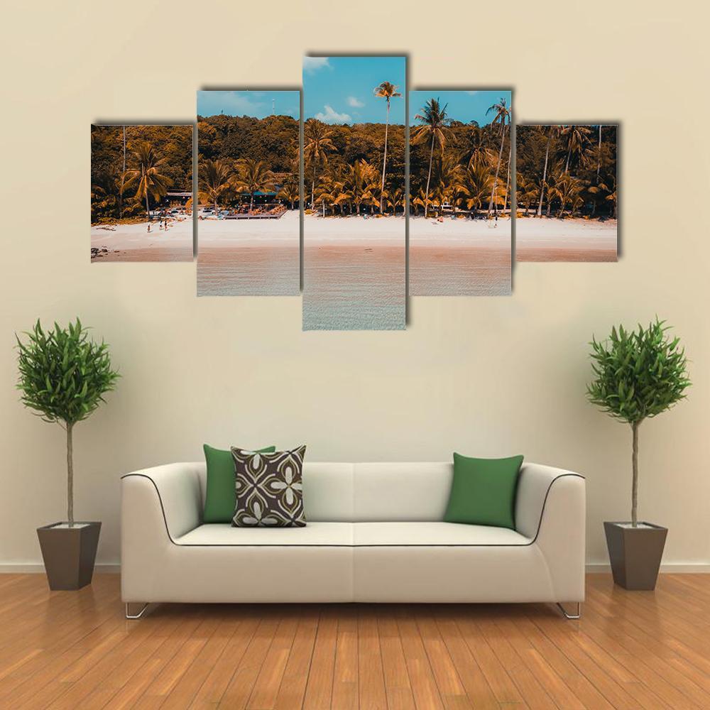 Tropical Beach And Sea With Palm Tree Canvas Wall Art-5 Star-Gallery Wrap-62" x 32"-Tiaracle