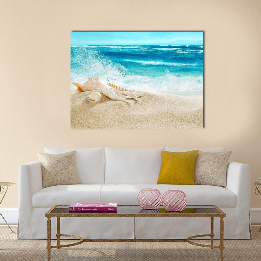 Tropical Beach &amp; Splashing Waves Canvas Wall Art-1 Piece-Gallery Wrap-48" x 32"-Tiaracle