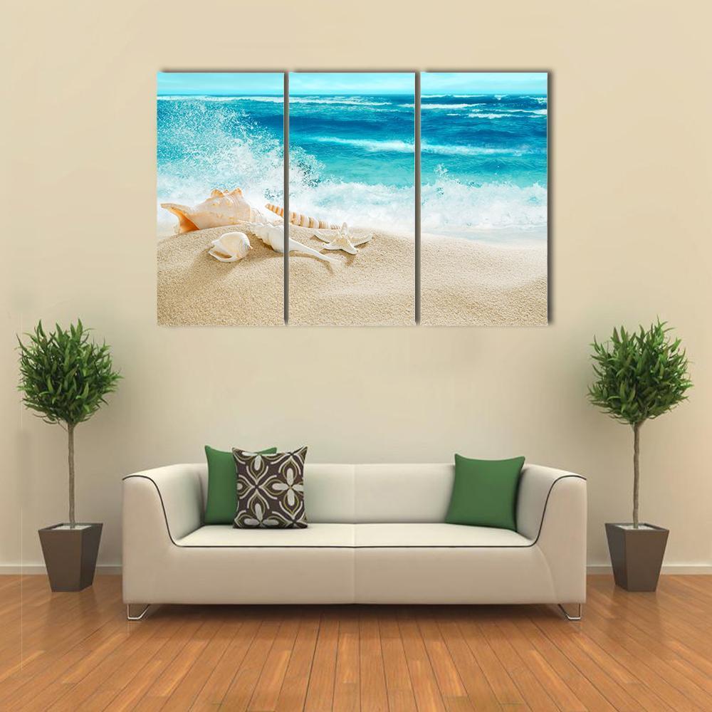 Tropical Beach &amp; Splashing Waves Canvas Wall Art-3 Horizontal-Gallery Wrap-37" x 24"-Tiaracle