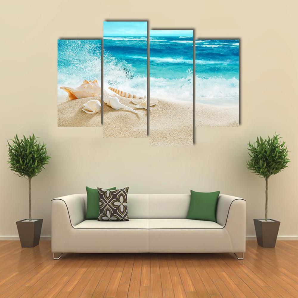 Tropical Beach &amp; Splashing Waves Canvas Wall Art-4 Pop-Gallery Wrap-50" x 32"-Tiaracle