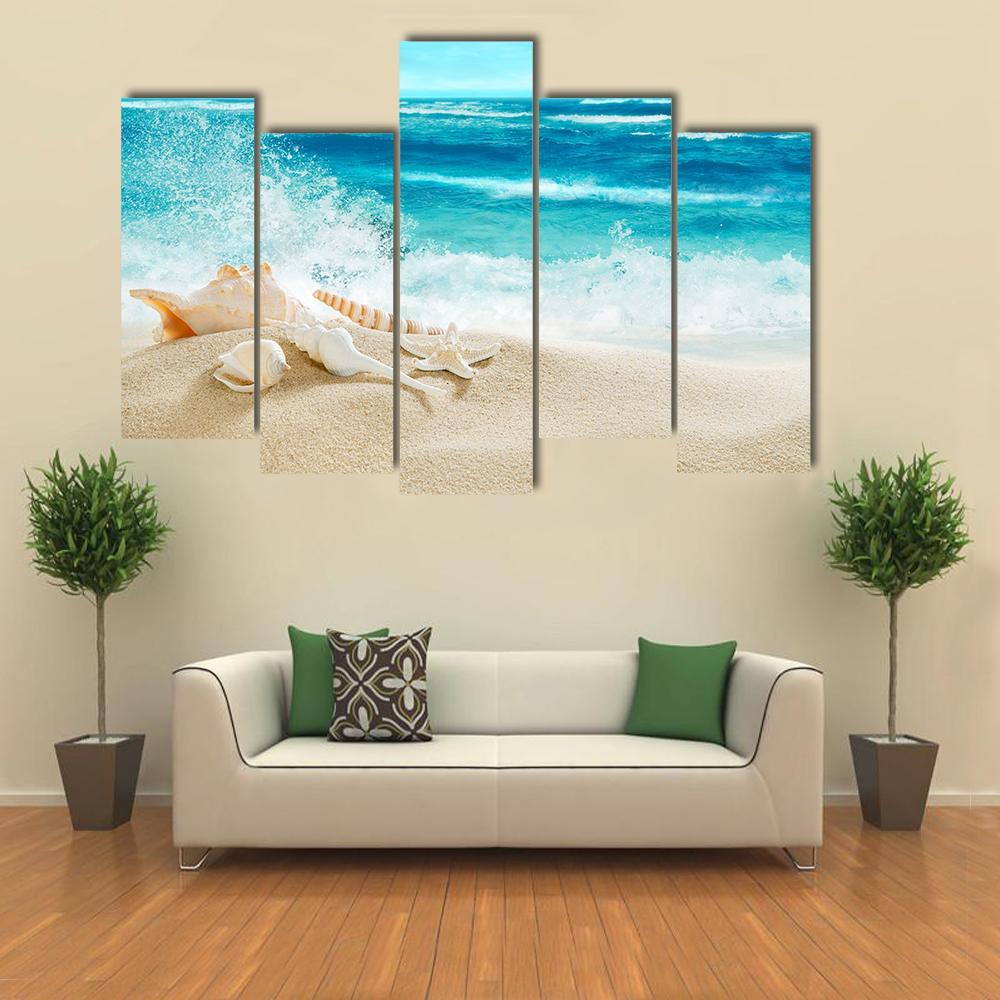Tropical Beach &amp; Splashing Waves Canvas Wall Art-5 Pop-Gallery Wrap-47" x 32"-Tiaracle