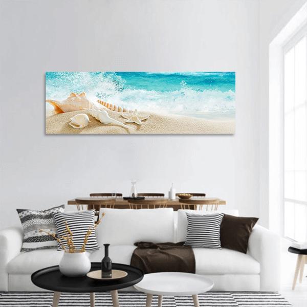 Tropical Beach &amp; Splashing Waves Panoramic Canvas Wall Art-1 Piece-36" x 12"-Tiaracle
