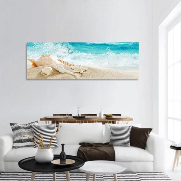 Tropical Beach & Splashing Waves Panoramic Canvas Wall Art-1 Piece-36" x 12"-Tiaracle