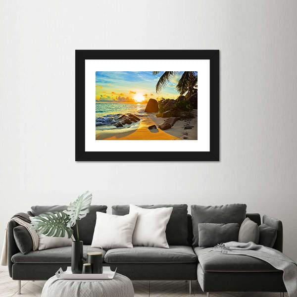 Tropical Beach At Sunset Canvas Wall Art-1 Piece-Framed Print-20" x 16"-Tiaracle