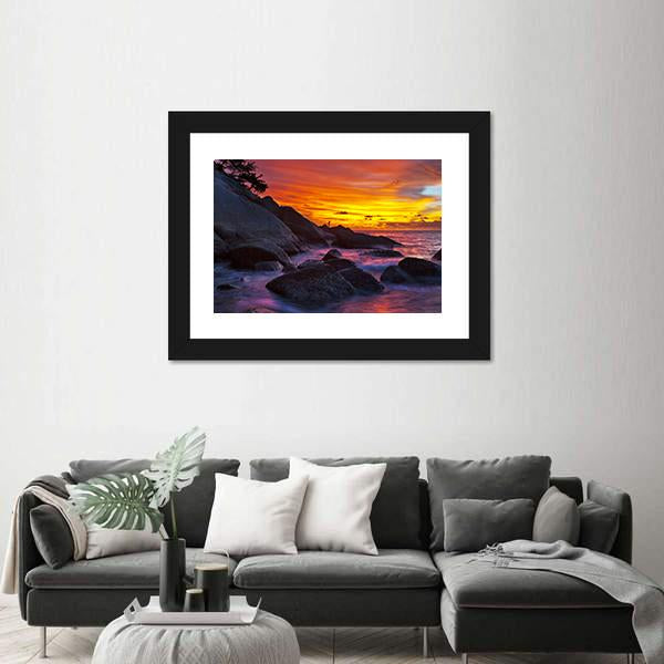 Tropical Beach At Sunset Canvas Wall Art-1 Piece-Framed Print-20" x 16"-Tiaracle
