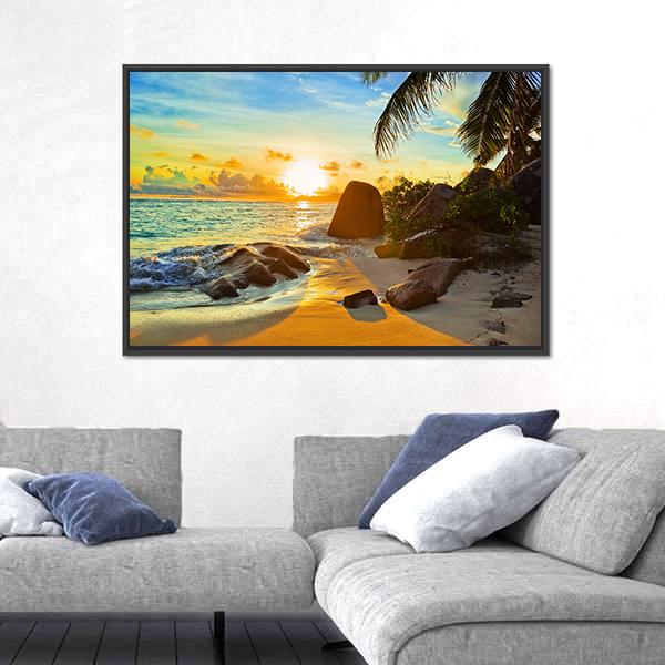 Tropical Beach At Sunset Canvas Wall Art-1 Piece-Floating Frame-24" x 16"-Tiaracle
