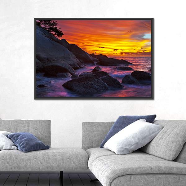 Tropical Beach At Sunset Canvas Wall Art-1 Piece-Floating Frame-24" x 16"-Tiaracle