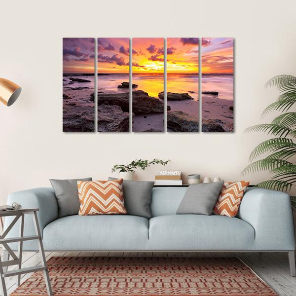 Tropical Beach At Sunset Canvas Wall Art-5 Horizontal-Gallery Wrap-22" x 12"-Tiaracle