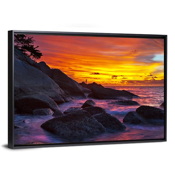 Tropical Beach At Sunset Canvas Wall Art-3 Horizontal-Gallery Wrap-25" x 16"-Tiaracle
