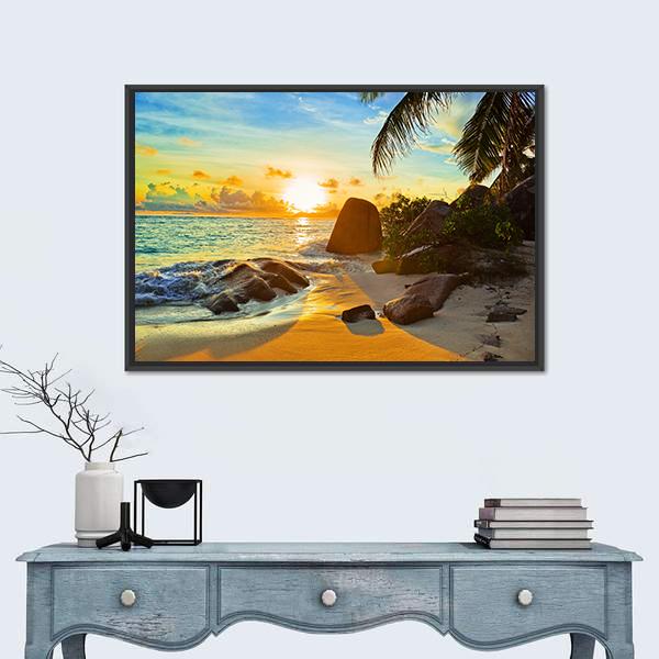 Tropical Beach At Sunset Canvas Wall Art-3 Horizontal-Gallery Wrap-25" x 16"-Tiaracle