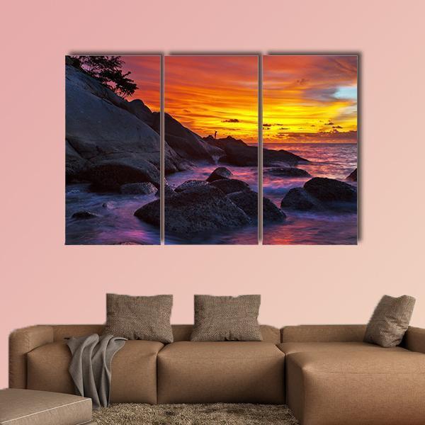 Tropical Beach At Sunset Canvas Wall Art-3 Horizontal-Gallery Wrap-37" x 24"-Tiaracle