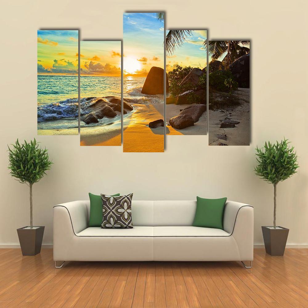 Tropical Beach At Sunset Canvas Wall Art-5 Pop-Gallery Wrap-47" x 32"-Tiaracle