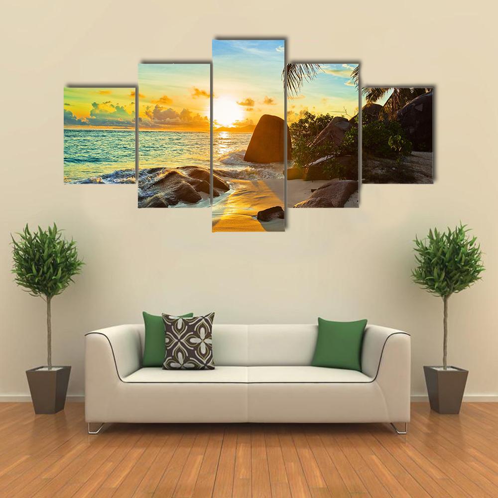 Tropical Beach At Sunset Canvas Wall Art-5 Star-Gallery Wrap-62" x 32"-Tiaracle