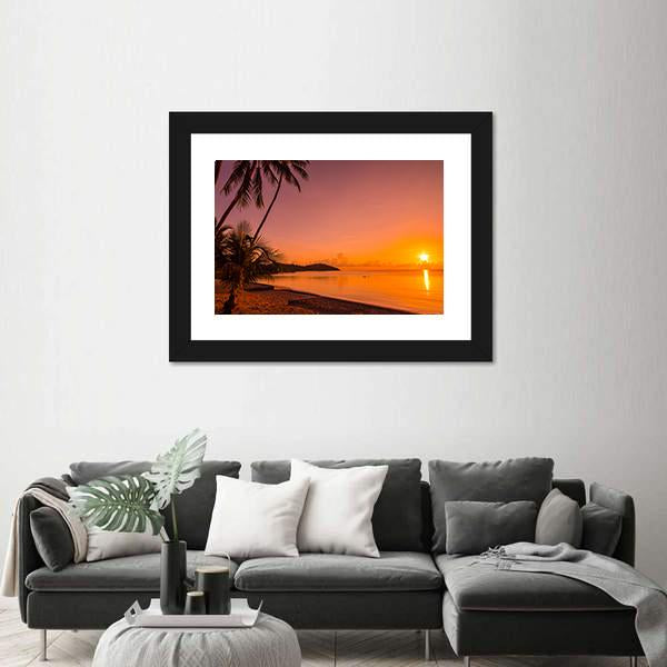 Tropical Beach Sea At Sunrise Time Canvas Wall Art-1 Piece-Framed Print-20" x 16"-Tiaracle