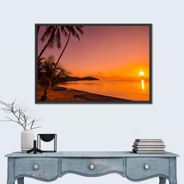 Tropical Beach Sea At Sunrise Time Canvas Wall Art-3 Horizontal-Gallery Wrap-25" x 16"-Tiaracle