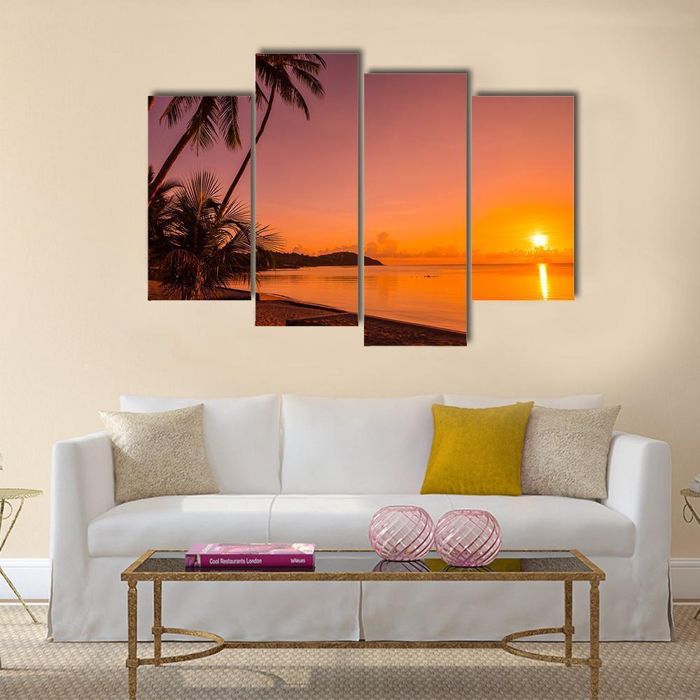Tropical Beach Sea At Sunrise Time Canvas Wall Art-4 Pop-Gallery Wrap-50" x 32"-Tiaracle