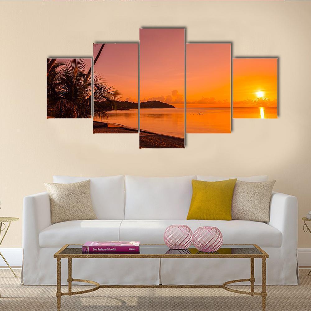 Tropical Beach Sea At Sunrise Time Canvas Wall Art-5 Star-Gallery Wrap-62" x 32"-Tiaracle