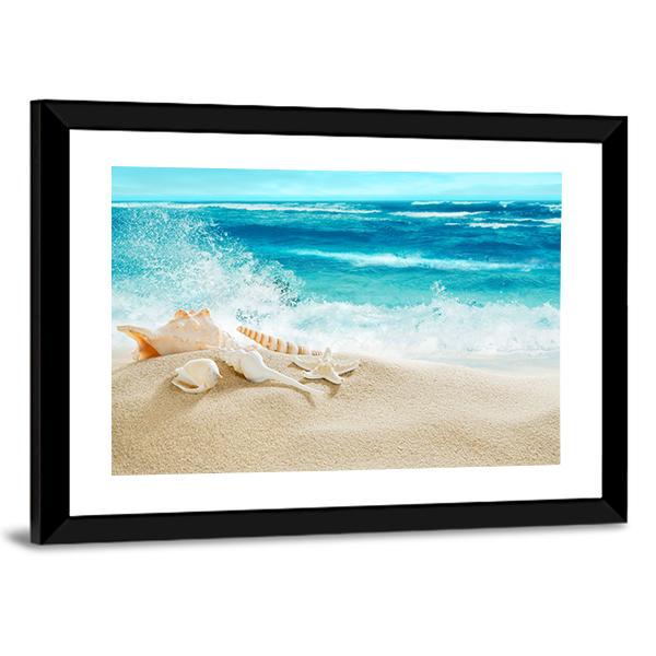 Tropical Beach &amp; Splashing Waves Panoramic Canvas Wall Art-1 Piece-36" x 12"-Tiaracle