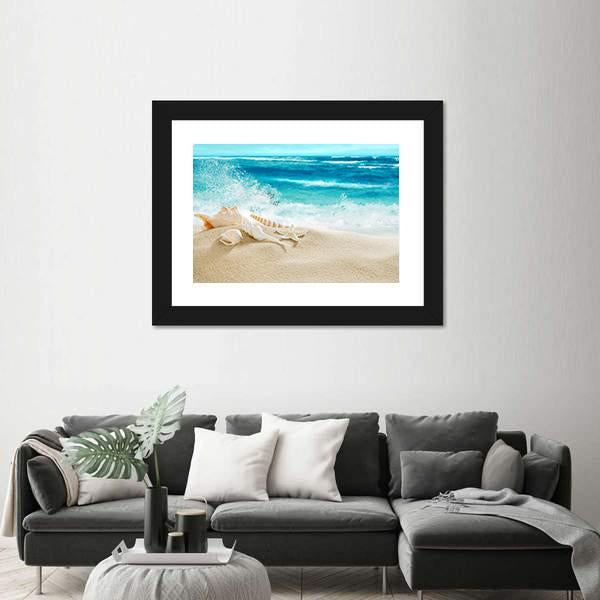 Tropical Beach &amp; Splashing Waves Panoramic Canvas Wall Art-1 Piece-36" x 12"-Tiaracle