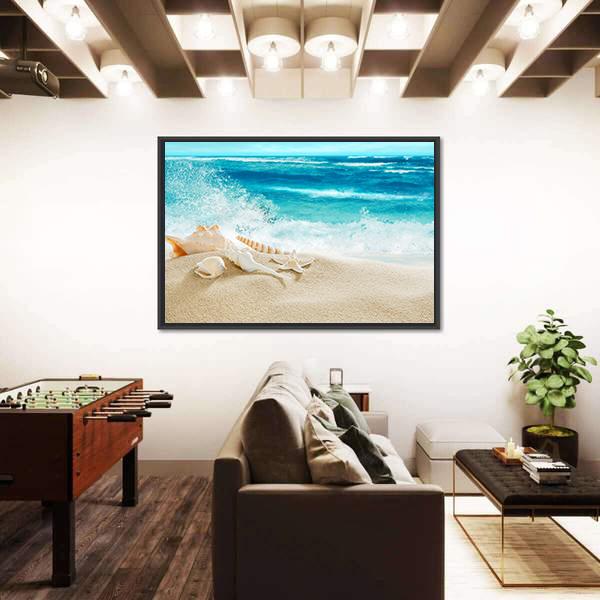 Tropical Beach &amp; Splashing Waves Panoramic Canvas Wall Art-1 Piece-36" x 12"-Tiaracle