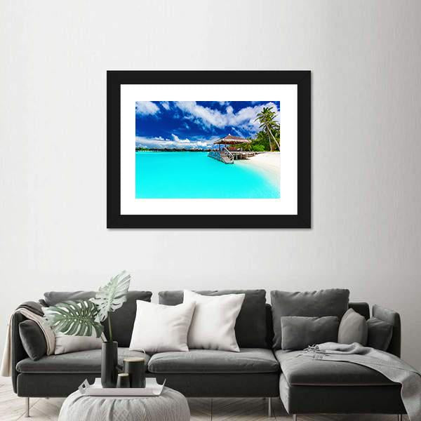 Tropical Beach Under Cloudy Sky Canvas Wall Art-1 Piece-Framed Print-20" x 16"-Tiaracle