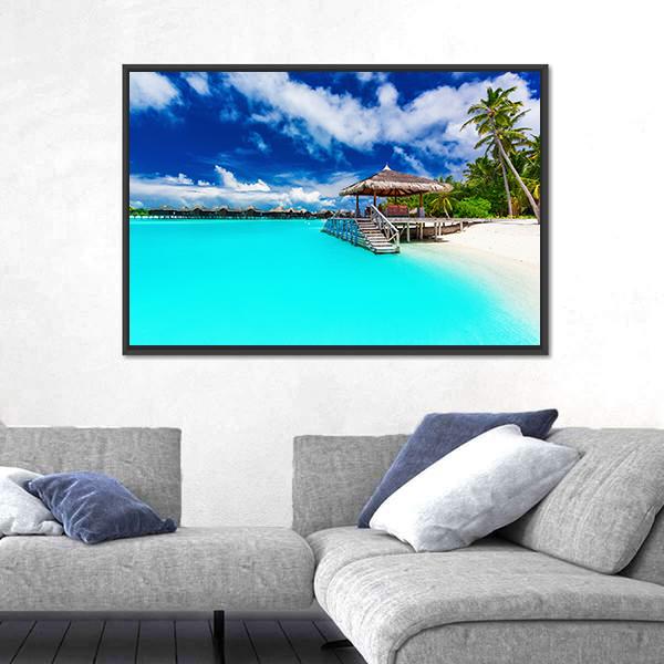 Tropical Beach Under Cloudy Sky Canvas Wall Art-1 Piece-Floating Frame-24" x 16"-Tiaracle