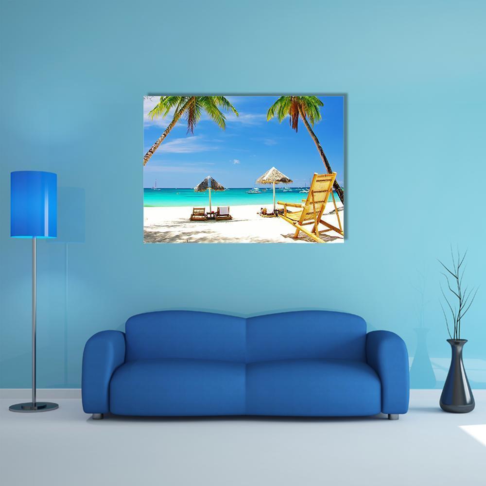 Tropical Beach View with Palm Trees Canvas Wall Art in white, green and blue, single panel hung on a wall