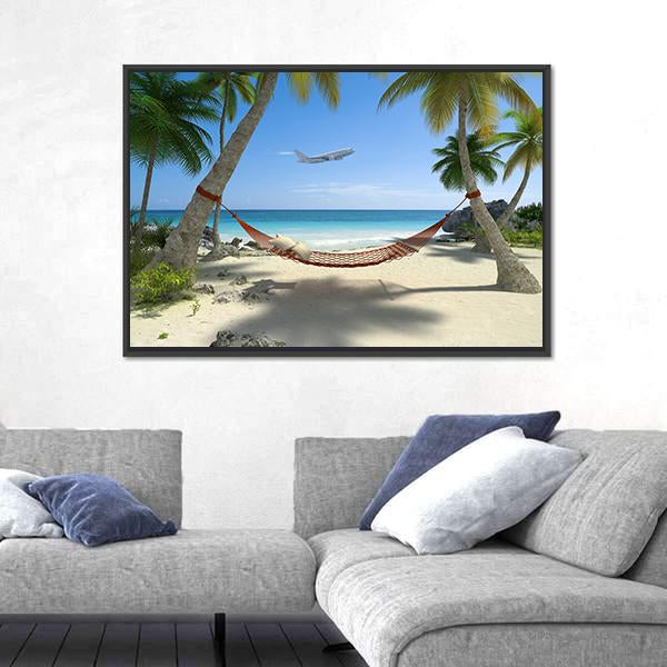 Tropical Beach With A Hammock Hanging From Palm Trees Canvas Wall Art-1 Piece-Floating Frame-24&quot; x 16&quot;-Tiaracle