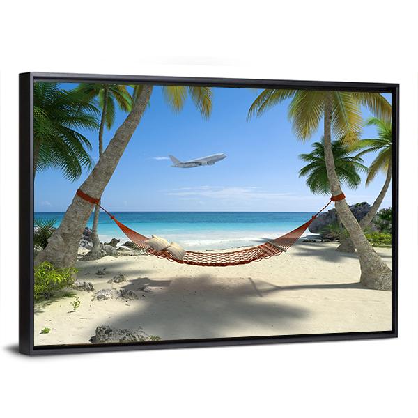 Tropical Beach With A Hammock Hanging From Palm Trees Canvas Wall Art-3 Horizontal-Gallery Wrap-25&quot; x 16&quot;-Tiaracle