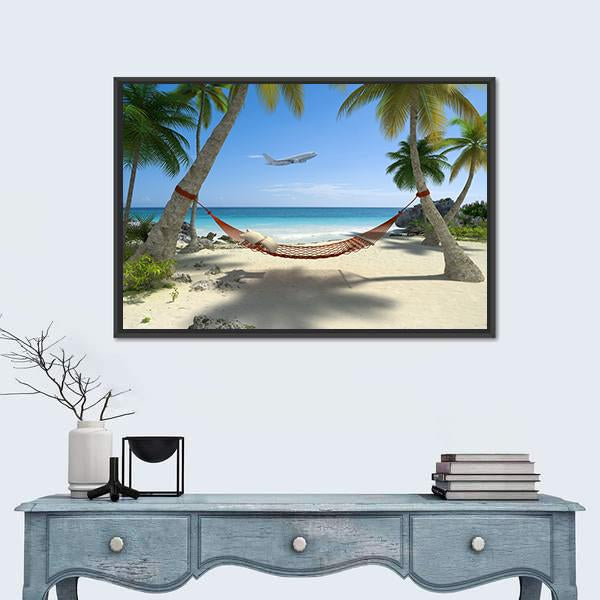 Tropical Beach With A Hammock Hanging From Palm Trees Canvas Wall Art-3 Horizontal-Gallery Wrap-25" x 16"-Tiaracle
