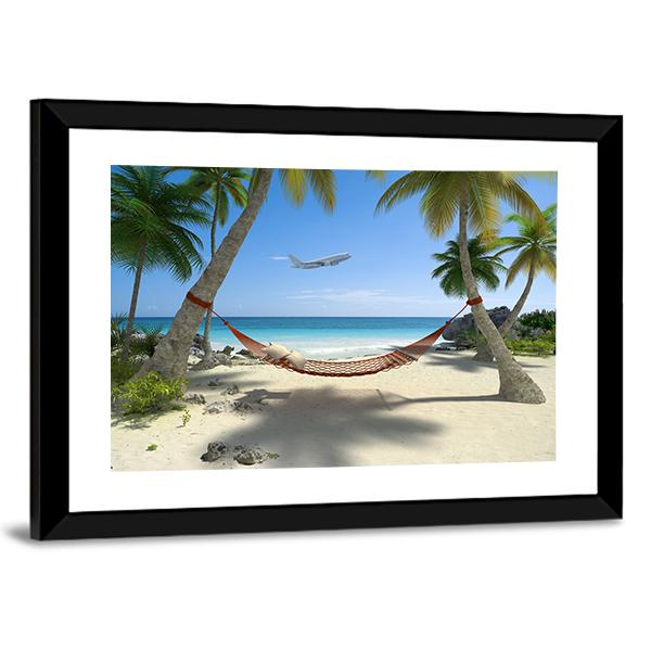 Tropical Beach With A Hammock Hanging From Palm Trees Canvas Wall Art-5 Horizontal-Gallery Wrap-22" x 12"-Tiaracle