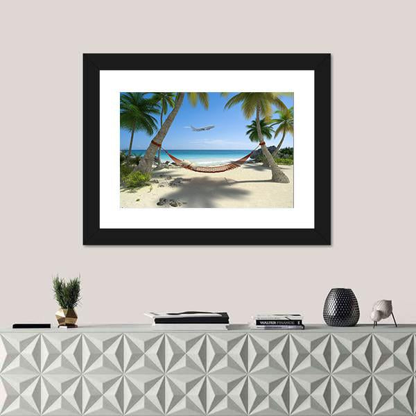 Tropical Beach With A Hammock Hanging From Palm Trees Canvas Wall Art-3 Horizontal-Gallery Wrap-25&quot; x 16&quot;-Tiaracle