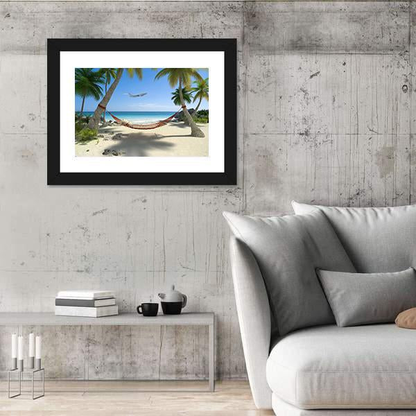 Tropical Beach With A Hammock Hanging From Palm Trees Canvas Wall Art-3 Horizontal-Gallery Wrap-25" x 16"-Tiaracle