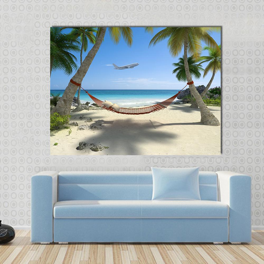 Tropical Beach Hammock Canvas Wall Art in beige, green and blue, single panel hung on a wall