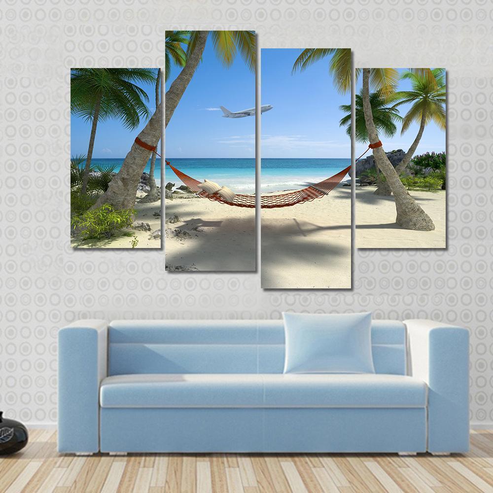 Tropical Beach With A Hammock Hanging From Palm Trees Canvas Wall Art-4 Pop-Gallery Wrap-50" x 32"-Tiaracle