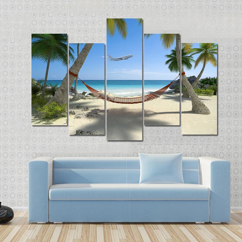 Tropical Beach With A Hammock Hanging From Palm Trees Canvas Wall Art-5 Pop-Gallery Wrap-47&quot; x 32&quot;-Tiaracle