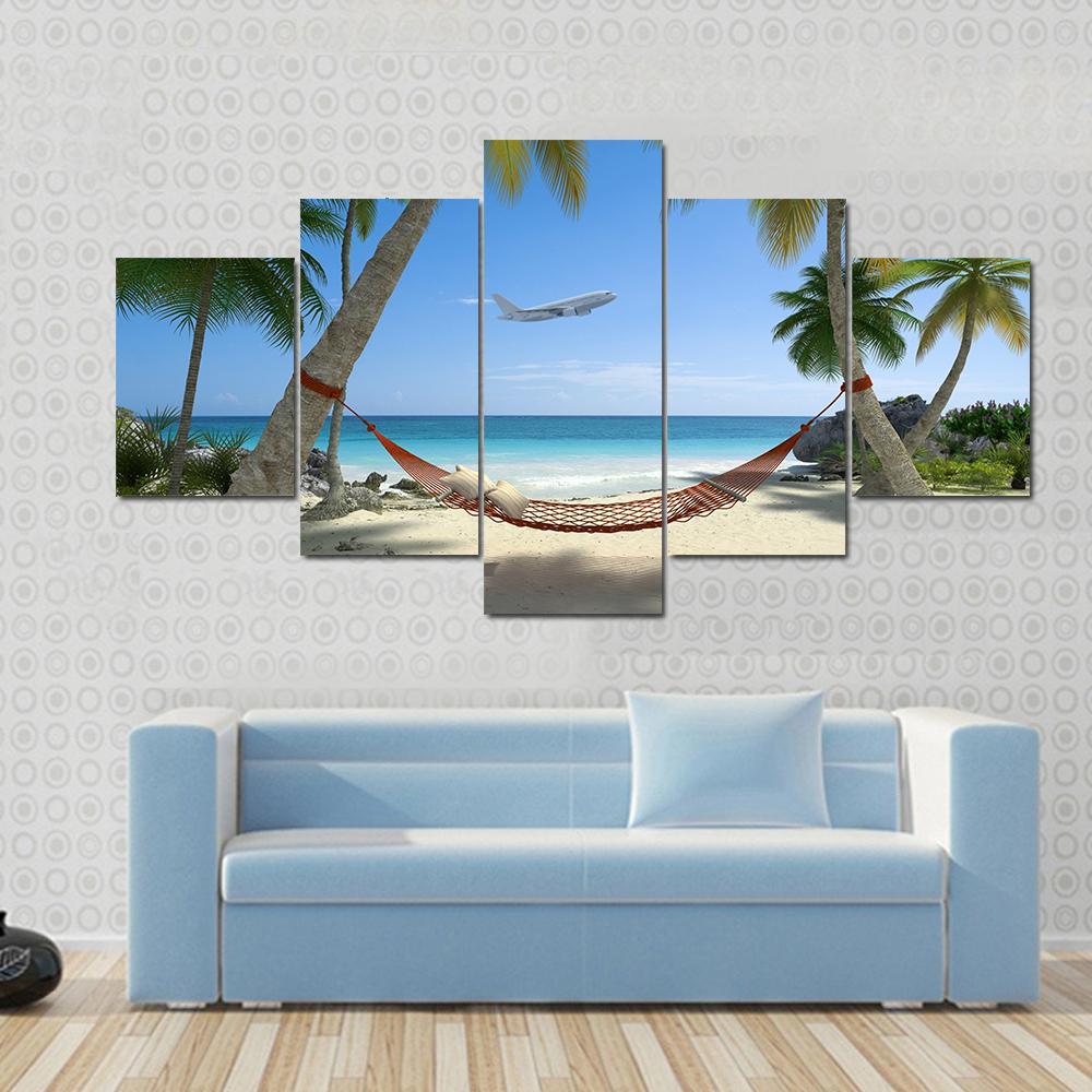 Tropical Beach With A Hammock Hanging From Palm Trees Canvas Wall Art-5 Star-Gallery Wrap-62" x 32"-Tiaracle