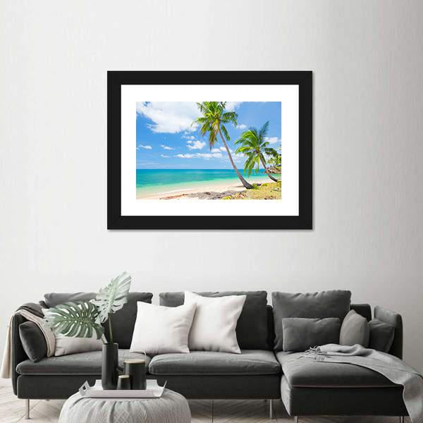 Tropical Beach With Coconut Palm Canvas Wall Art-1 Piece-Framed Print-20" x 16"-Tiaracle