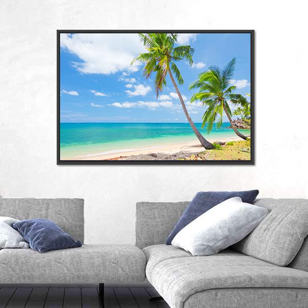 Tropical Beach With Coconut Palm Canvas Wall Art-1 Piece-Floating Frame-24" x 16"-Tiaracle