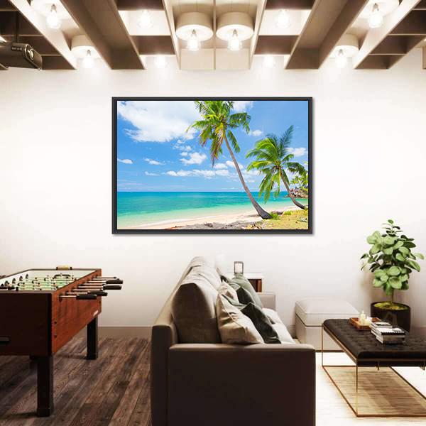 Tropical Beach With Coconut Palm Canvas Wall Art-3 Horizontal-Gallery Wrap-25" x 16"-Tiaracle