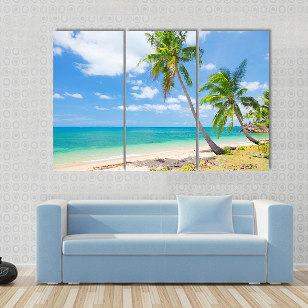 Tropical Beach With Coconut Palm Canvas Wall Art-3 Horizontal-Gallery Wrap-37" x 24"-Tiaracle