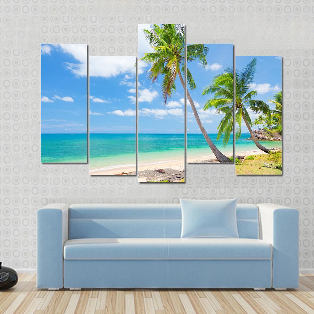 Tropical Beach With Coconut Palm Canvas Wall Art-5 Pop-Gallery Wrap-47" x 32"-Tiaracle