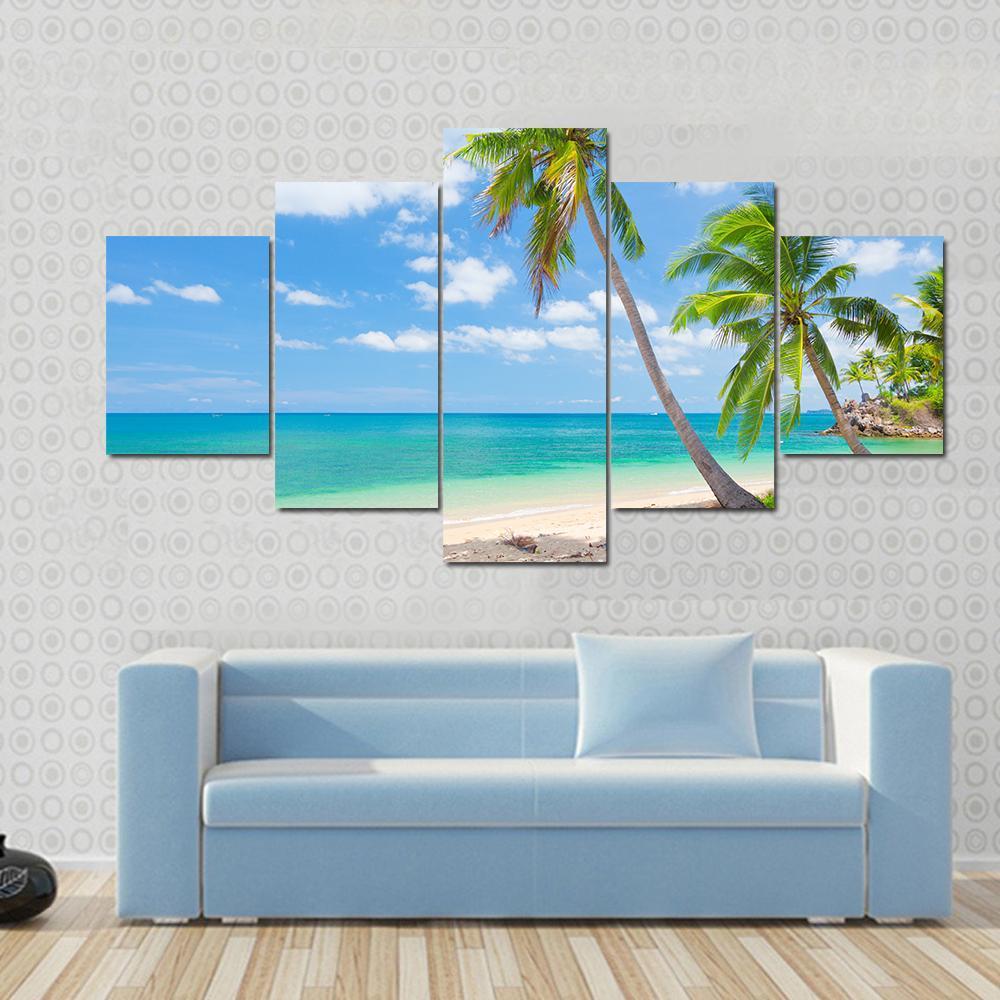 Tropical Beach With Coconut Palm Canvas Wall Art-5 Star-Gallery Wrap-62" x 32"-Tiaracle