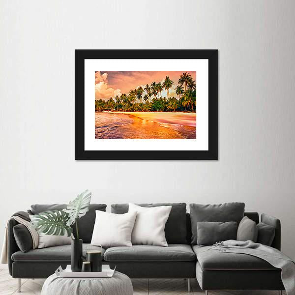 Tropical Beach With Palm Trees At Sunset Canvas Wall Art-1 Piece-Framed Print-20" x 16"-Tiaracle
