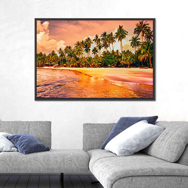 Tropical Beach With Palm Trees At Sunset Canvas Wall Art-1 Piece-Floating Frame-24" x 16"-Tiaracle