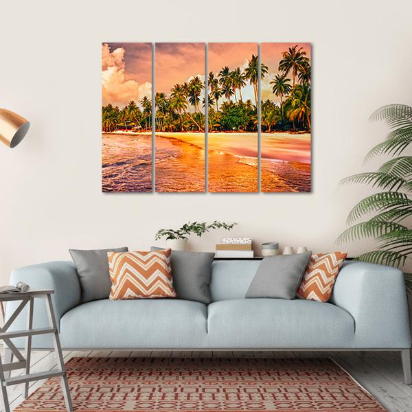 Tropical Beach With Palm Trees At Sunset Canvas Wall Art-4 Horizontal-Gallery Wrap-34" x 24"-Tiaracle