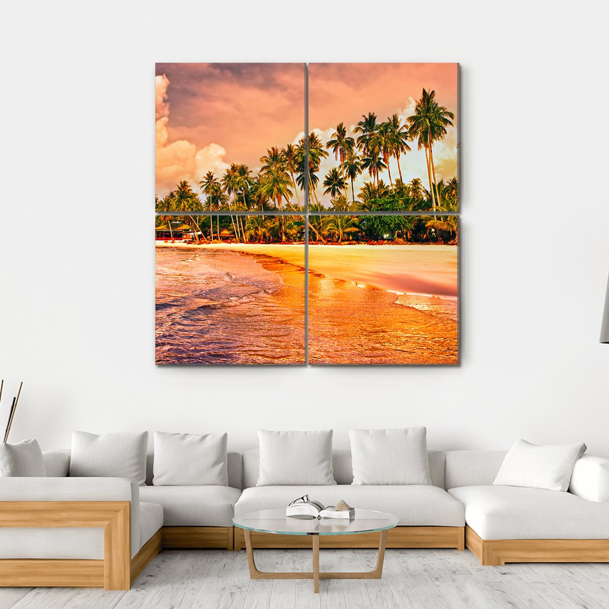 Tropical Beach With Palm Trees At Sunset Canvas Wall Art-4 Square-Gallery Wrap-17" x 17"-Tiaracle