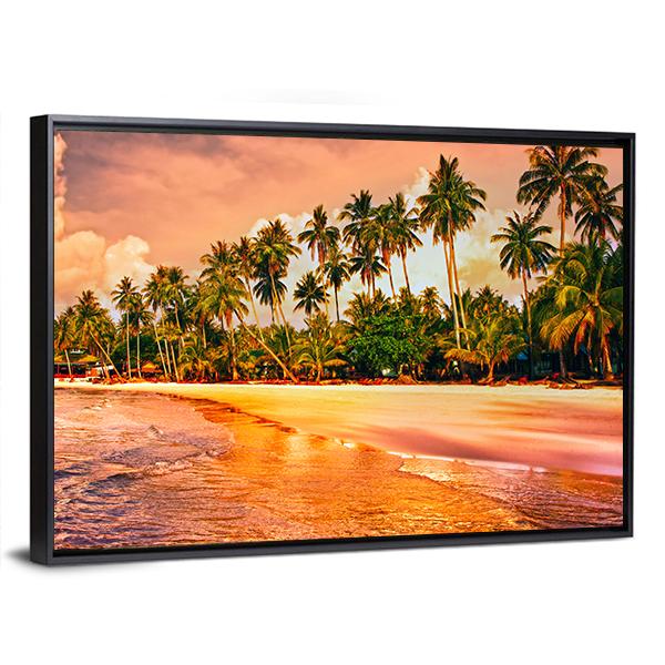 Tropical Beach With Palm Trees At Sunset Canvas Wall Art-3 Horizontal-Gallery Wrap-25" x 16"-Tiaracle